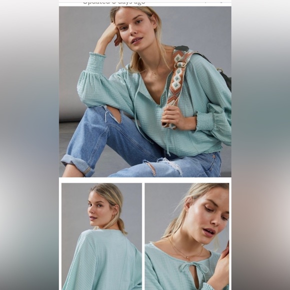 Anthropologie Rebecca Mint Green Smocked Boho Blouse. Size Medium - Picture 2 of 7